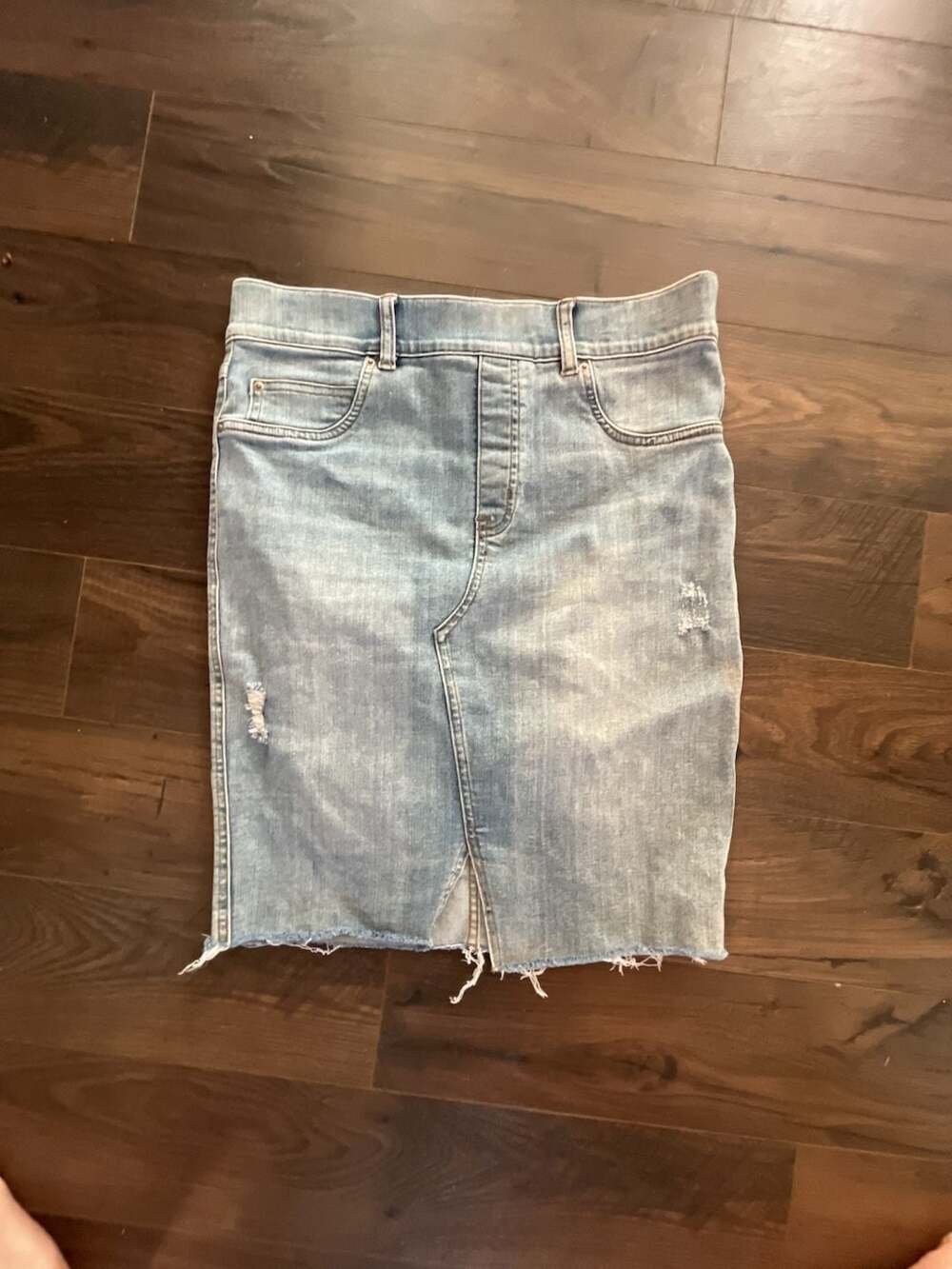 Spanx Size M Denim Pencil Skirt Distressed Raw Hem